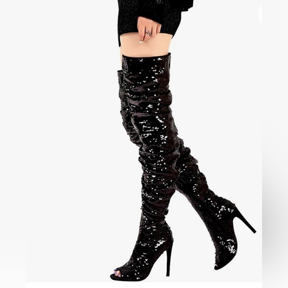 Shoes - Sequin Thigh High Heel Boots